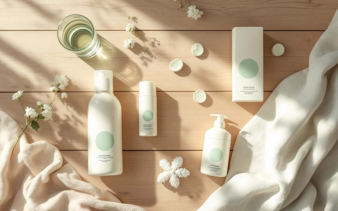 Vue en plongée d'articles de toilette pour bébé minimalistes avec étiquettes biologiques posés sur une table en bois. Palette neutre (bois chaud, blanc crème, vert pastel), lumière naturelle douce et ombres subtiles.