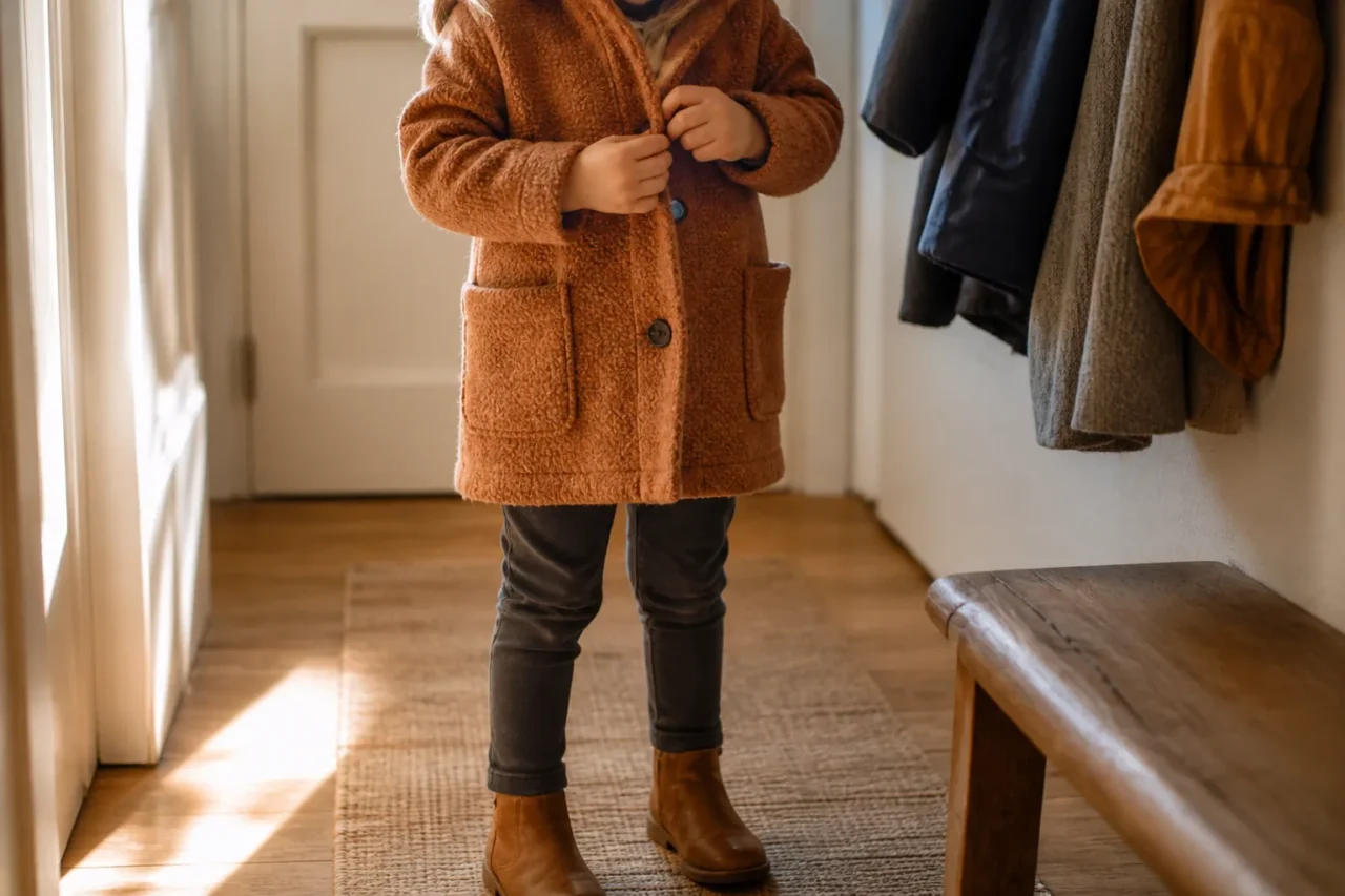 Enfant qui boutonne seul son manteau dans une entrée aménagée à sa hauteur
