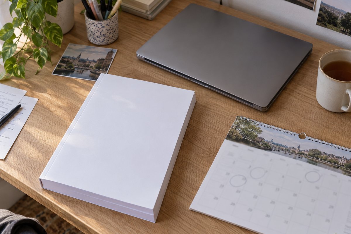 Mémoire relié posé sur un bureau à côté d'un calendrier et d'un ordinateur portable